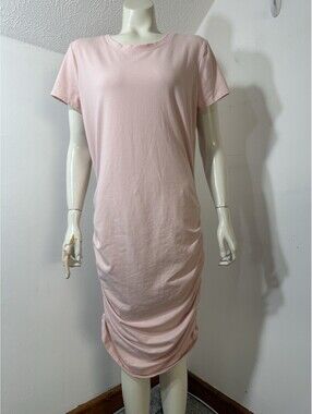 Nine West Womens XL Shortsleeved T Shirt Dress Light Pink Knit Ruched Sides Midi